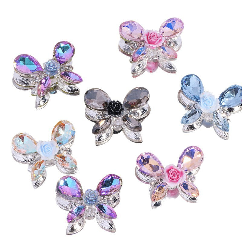 Wholesale 5pcs/pack Heavy alloy rose butterfly rhinestone beads straight hole beads DIY